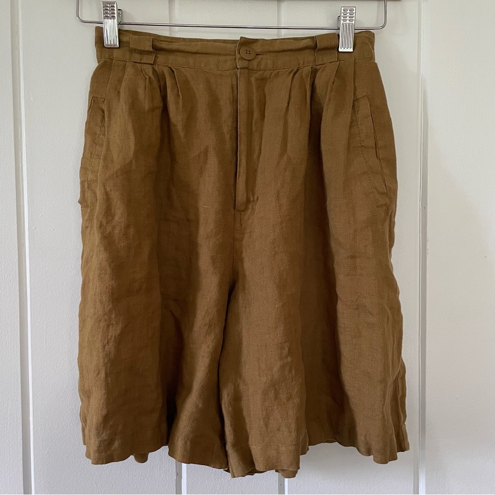 Vintage Safari Green Olive Brown Linen Pleated High Waisted Shorts